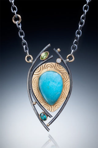 One of a kind etched 18K gold pendant with large amazonite