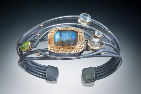 One of a Kind wire cuff with 18k and gemstones