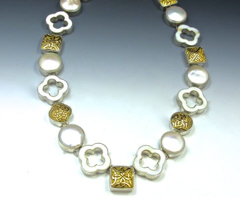 Gold eternity knots and pearls necklace